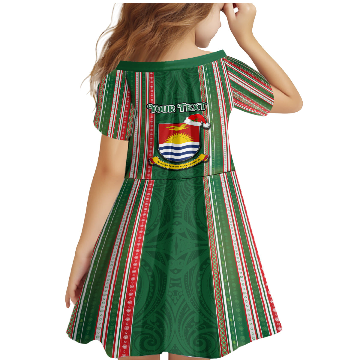 Custom Kiribati Christmas Family Matching Mermaid Dress and Hawaiian Shirt Santa With Gift Bag Behind Ribbons Seamless Green Maori LT03 - Polynesian Pride