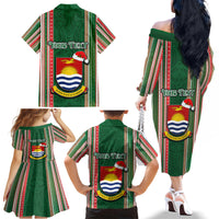 Custom Kiribati Christmas Family Matching Off Shoulder Long Sleeve Dress and Hawaiian Shirt Santa With Gift Bag Behind Ribbons Seamless Green Maori LT03 - Polynesian Pride
