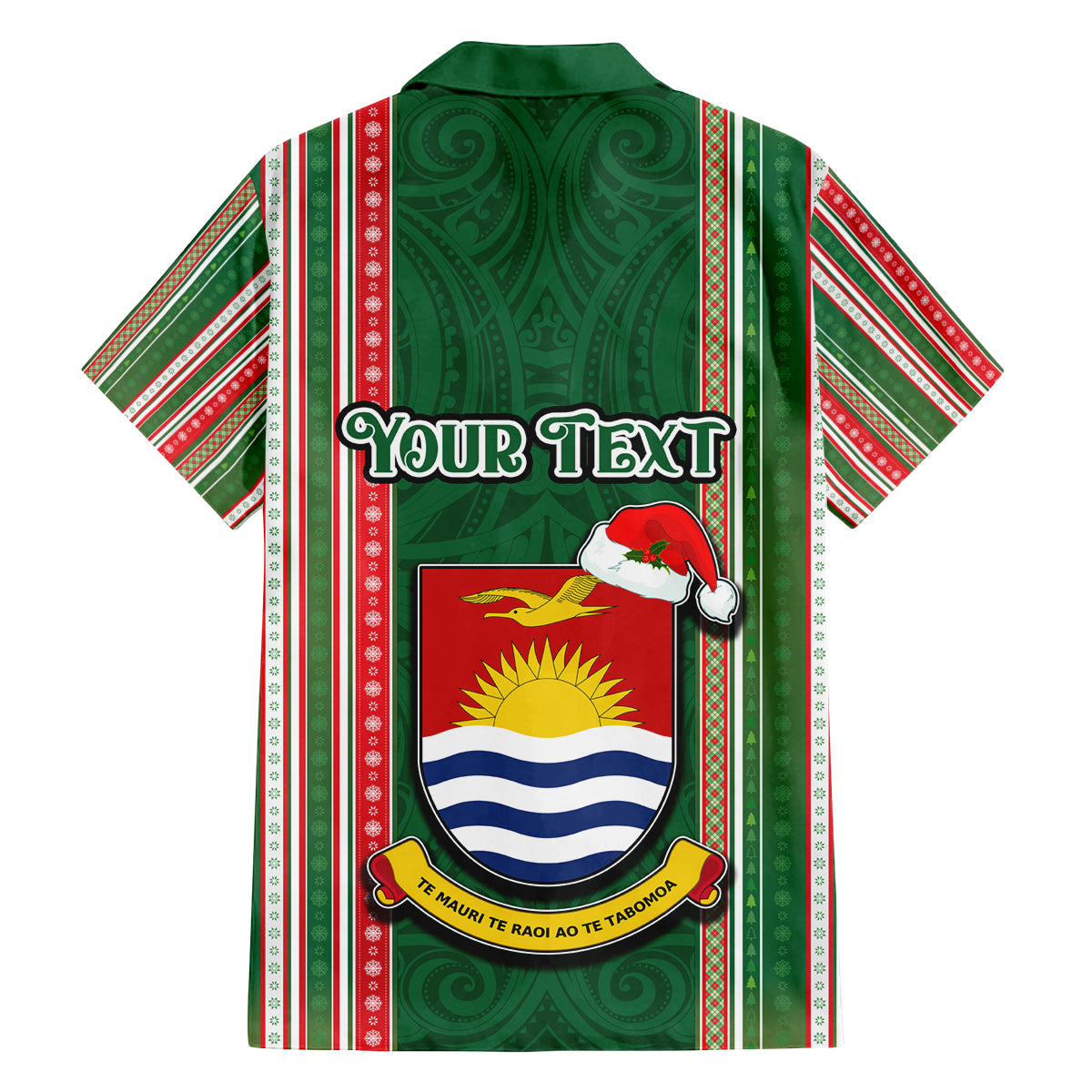 Custom Kiribati Christmas Family Matching Off Shoulder Maxi Dress and Hawaiian Shirt Santa With Gift Bag Behind Ribbons Seamless Green Maori LT03 - Polynesian Pride