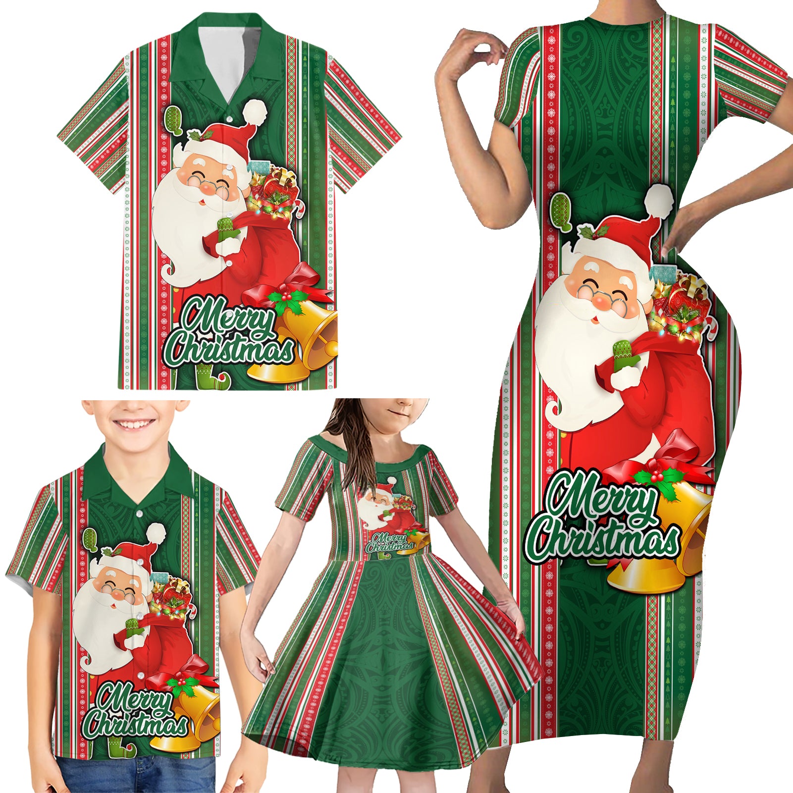 Custom Kiribati Christmas Family Matching Short Sleeve Bodycon Dress and Hawaiian Shirt Santa With Gift Bag Behind Ribbons Seamless Green Maori LT03 - Polynesian Pride