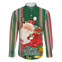 Custom Kiribati Christmas Family Matching Short Sleeve Bodycon Dress and Hawaiian Shirt Santa With Gift Bag Behind Ribbons Seamless Green Maori LT03 Dad's Shirt - Long Sleeve Green - Polynesian Pride