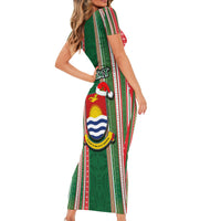 Custom Kiribati Christmas Family Matching Short Sleeve Bodycon Dress and Hawaiian Shirt Santa With Gift Bag Behind Ribbons Seamless Green Maori LT03 - Polynesian Pride