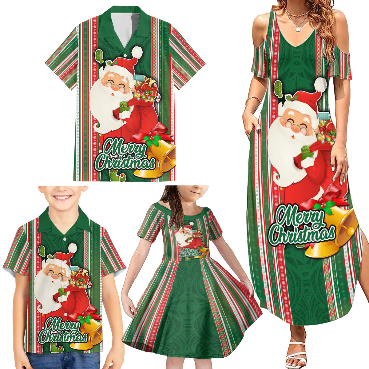 Custom Kiribati Christmas Family Matching Summer Maxi Dress and Hawaiian Shirt Santa With Gift Bag Behind Ribbons Seamless Green Maori LT03 - Polynesian Pride