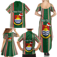 Custom Kiribati Christmas Family Matching Summer Maxi Dress and Hawaiian Shirt Santa With Gift Bag Behind Ribbons Seamless Green Maori LT03 - Polynesian Pride