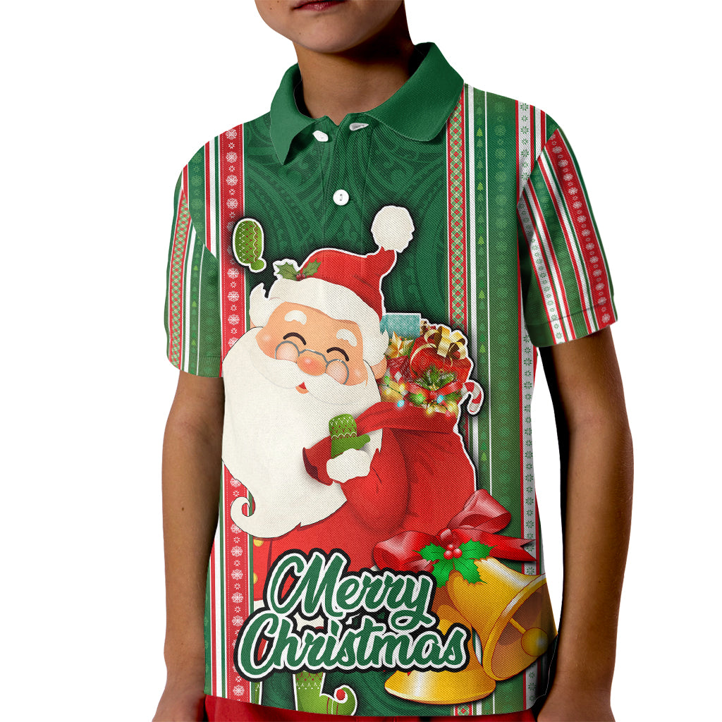 Custom Kiribati Christmas Kid Polo Shirt Santa With Gift Bag Behind Ribbons Seamless Green Maori LT03 Kid Green - Polynesian Pride