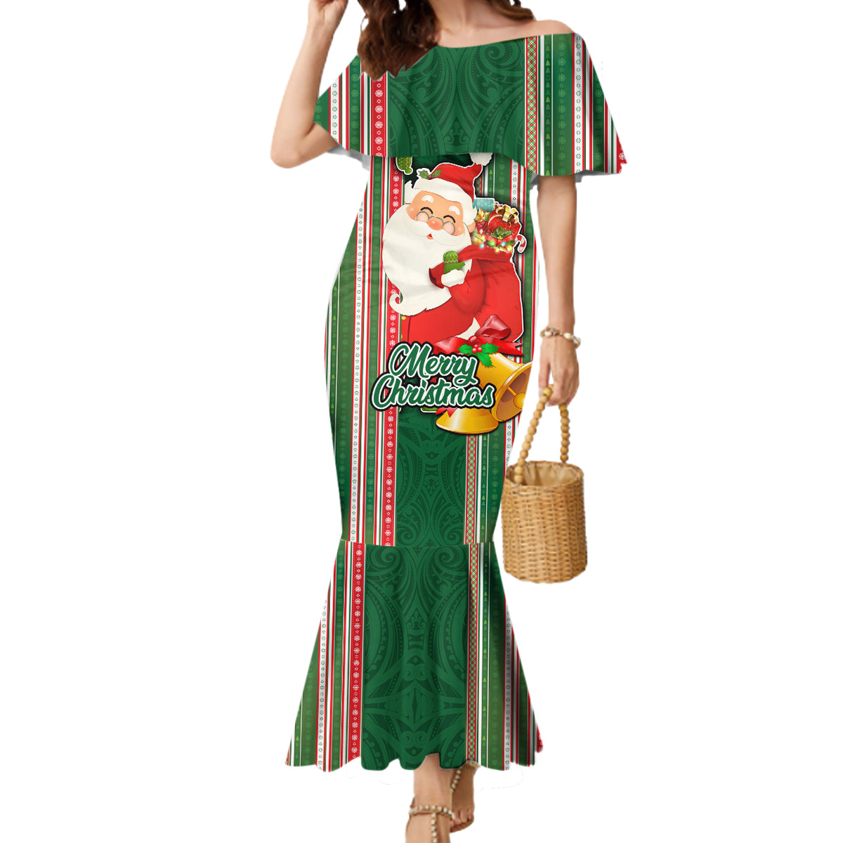 Custom Kiribati Christmas Mermaid Dress Santa With Gift Bag Behind Ribbons Seamless Green Maori LT03 Women Green - Polynesian Pride