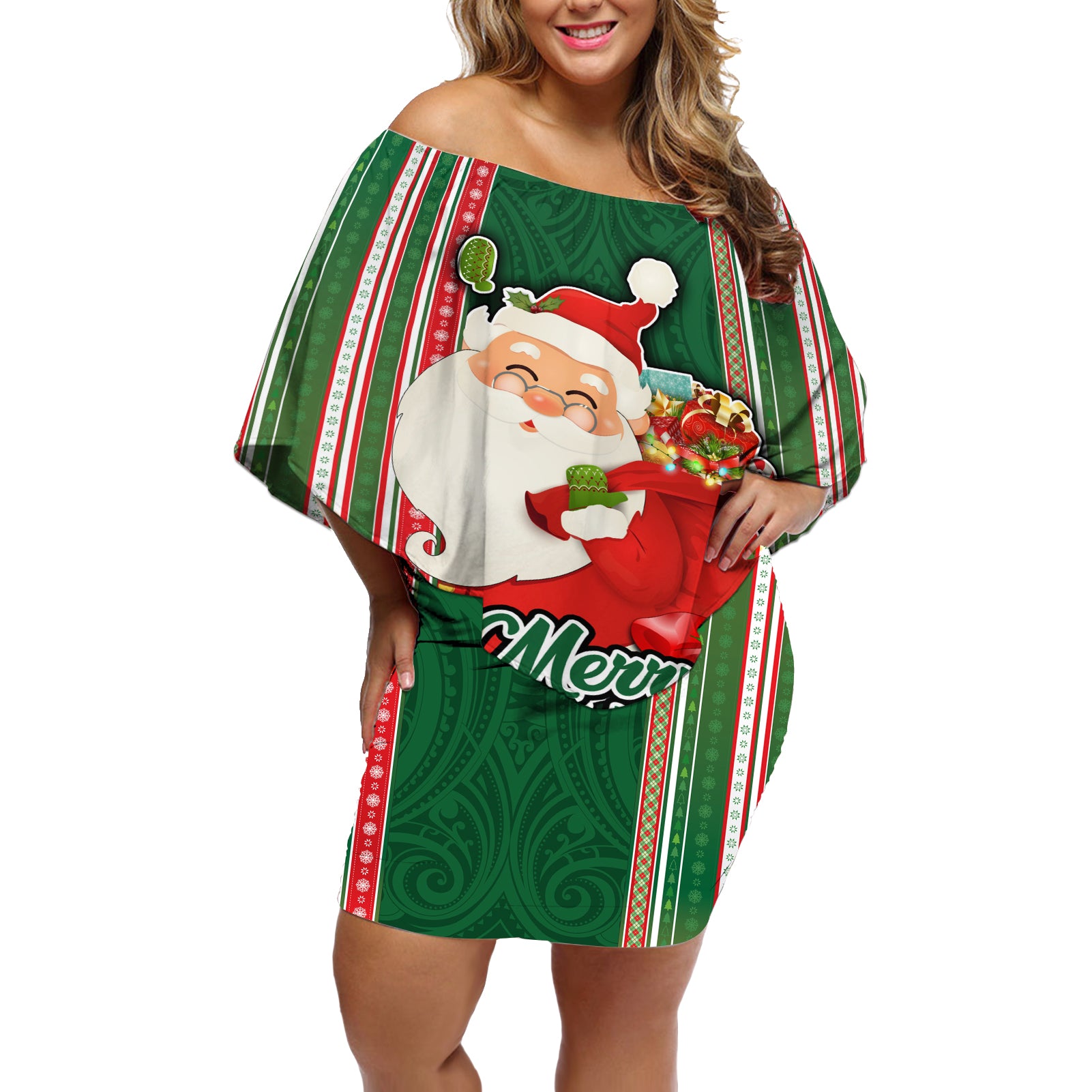 Custom Kiribati Christmas Off Shoulder Short Dress Santa With Gift Bag Behind Ribbons Seamless Green Maori LT03 Women Green - Polynesian Pride