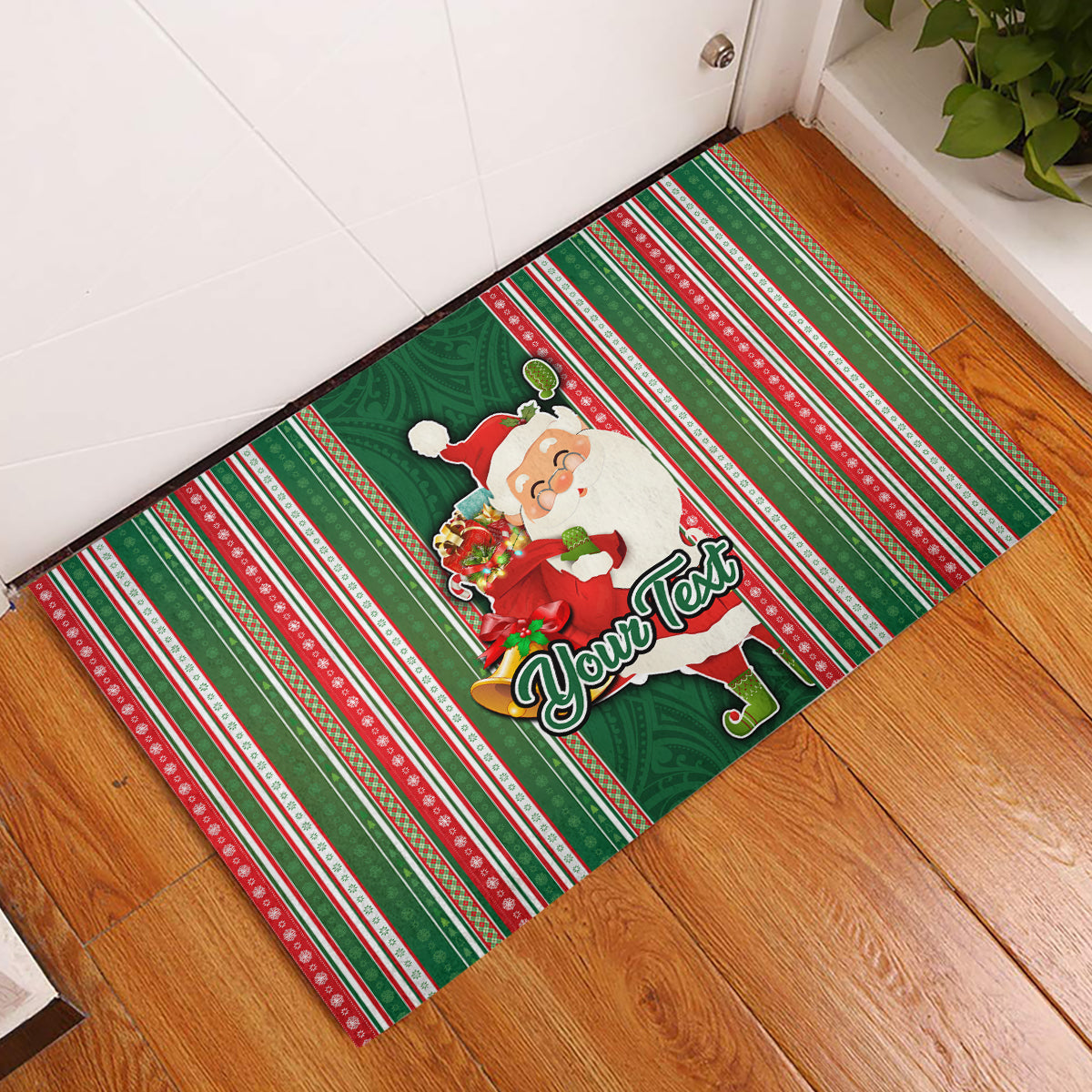 Custom Kiribati Christmas Rubber Doormat Santa With Gift Bag Behind Ribbons Seamless Green Maori LT03 Green - Polynesian Pride