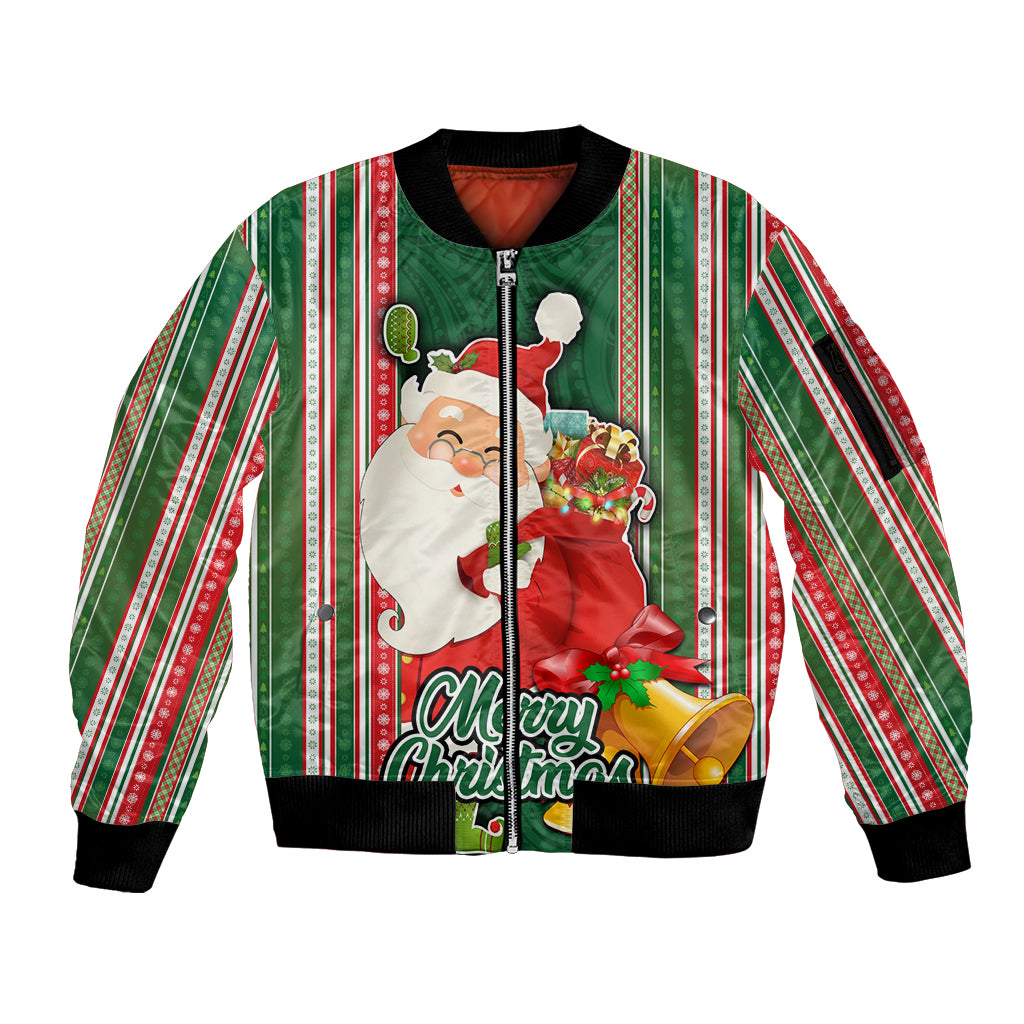 Custom Kiribati Christmas Sleeve Zip Bomber Jacket Santa With Gift Bag Behind Ribbons Seamless Green Maori LT03 Unisex Green - Polynesian Pride