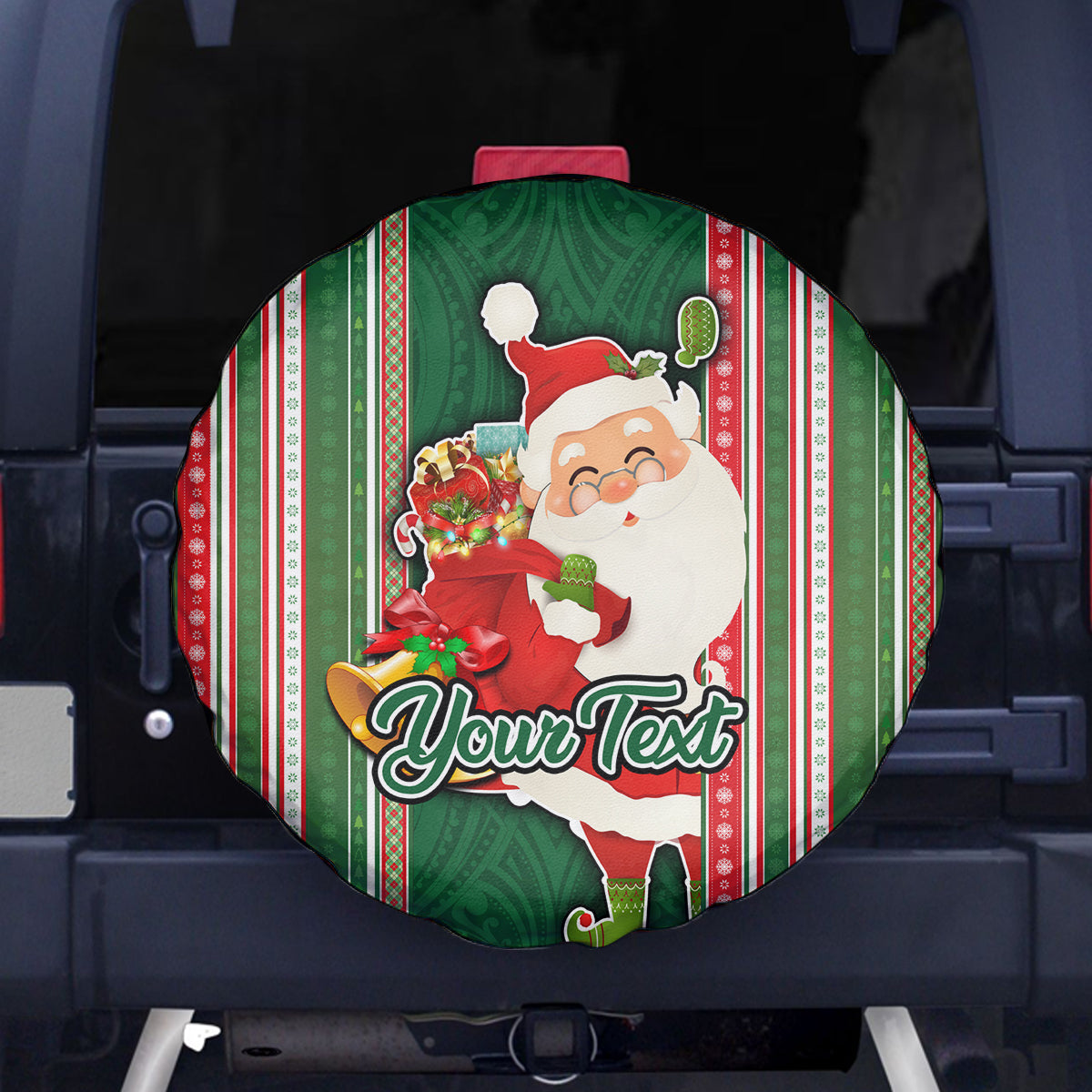 Custom Kiribati Christmas Spare Tire Cover Santa With Gift Bag Behind Ribbons Seamless Green Maori LT03 Green - Polynesian Pride