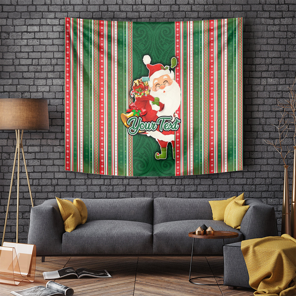 Custom Kiribati Christmas Tapestry Santa With Gift Bag Behind Ribbons Seamless Green Maori LT03 Green - Polynesian Pride