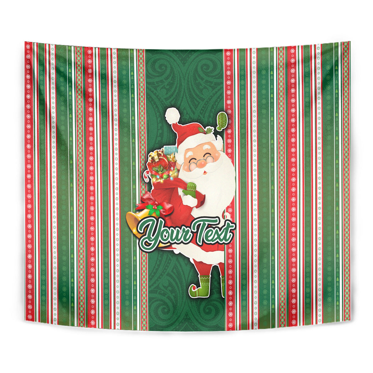 Custom Kiribati Christmas Tapestry Santa With Gift Bag Behind Ribbons Seamless Green Maori LT03 - Polynesian Pride