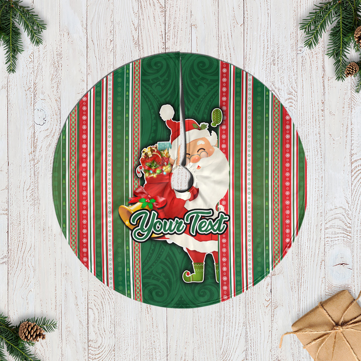 Custom Kiribati Christmas Tree Skirt Santa With Gift Bag Behind Ribbons Seamless Green Maori LT03 Green - Polynesian Pride