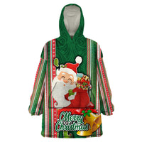 Custom Kiribati Christmas Wearable Blanket Hoodie Santa With Gift Bag Behind Ribbons Seamless Green Maori LT03 One Size Green - Polynesian Pride