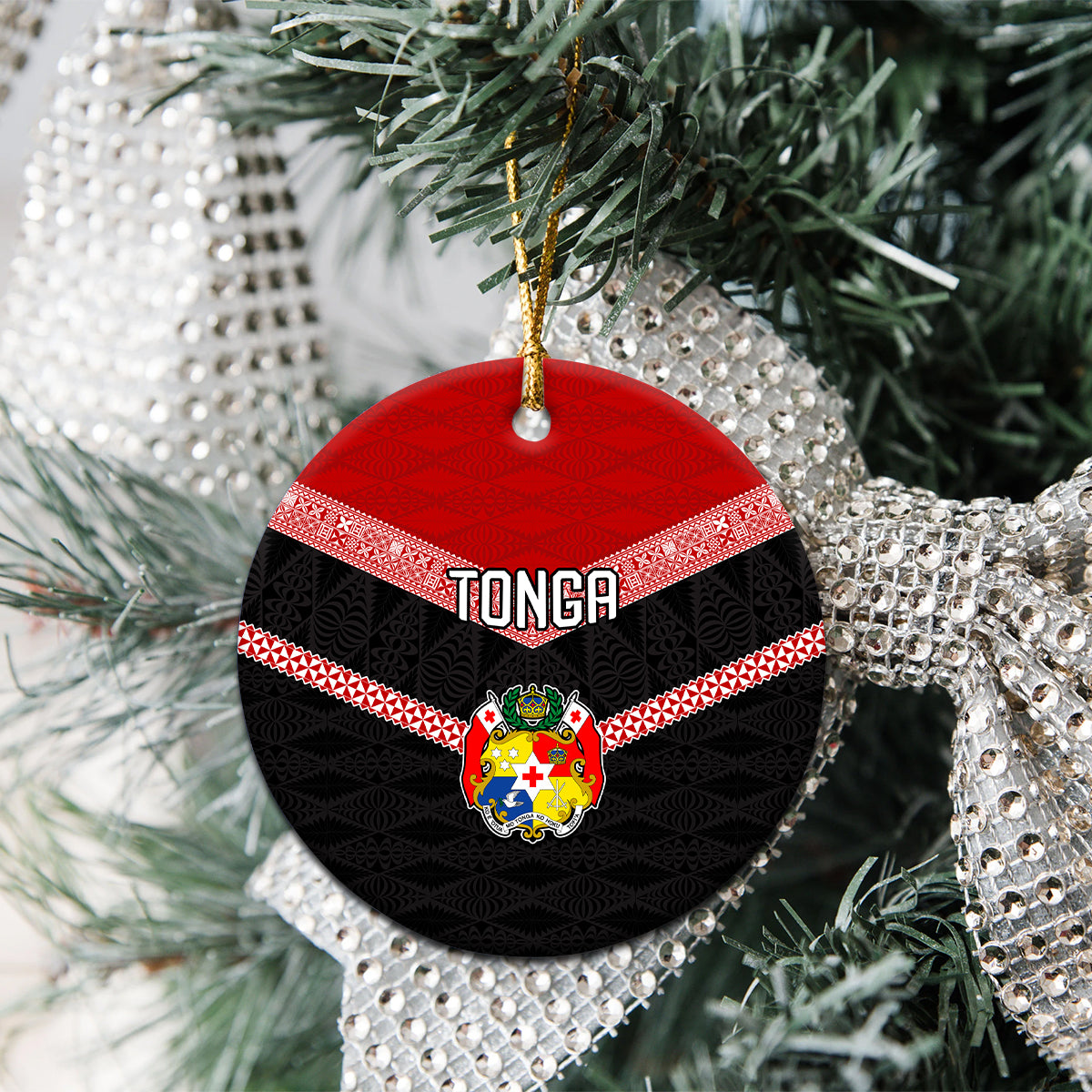 Tonga Ceramic Ornament Tonga Coat of Arms with Seamless Tapa Ngatu Pattern LT03 - Polynesian Pride
