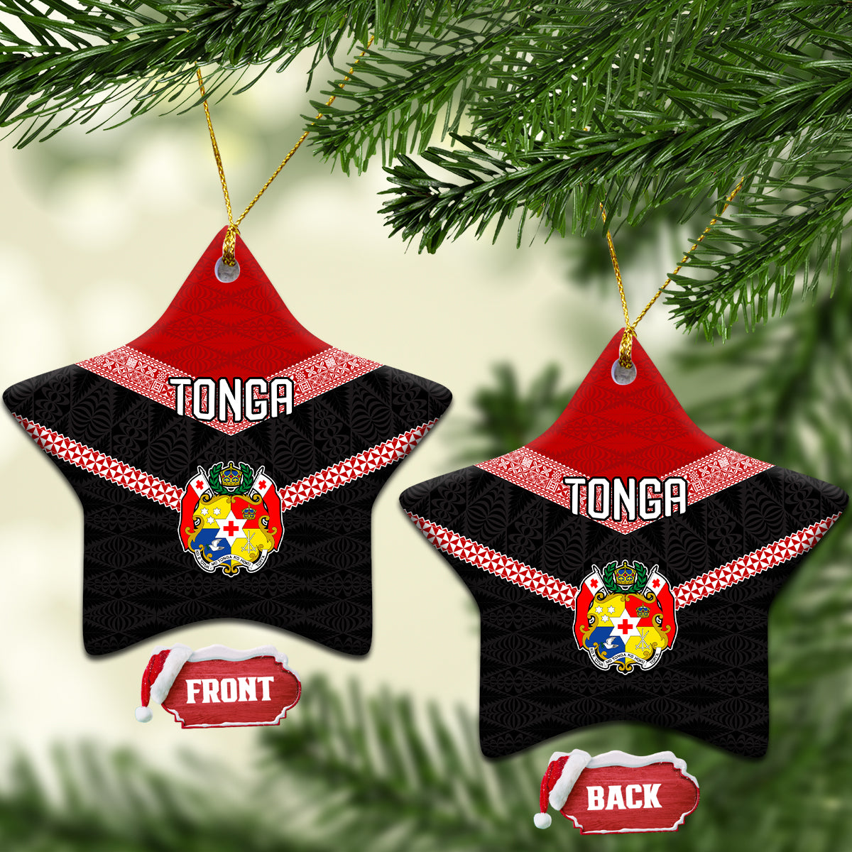 Tonga Ceramic Ornament Tonga Coat of Arms with Seamless Tapa Ngatu Pattern LT03 - Polynesian Pride