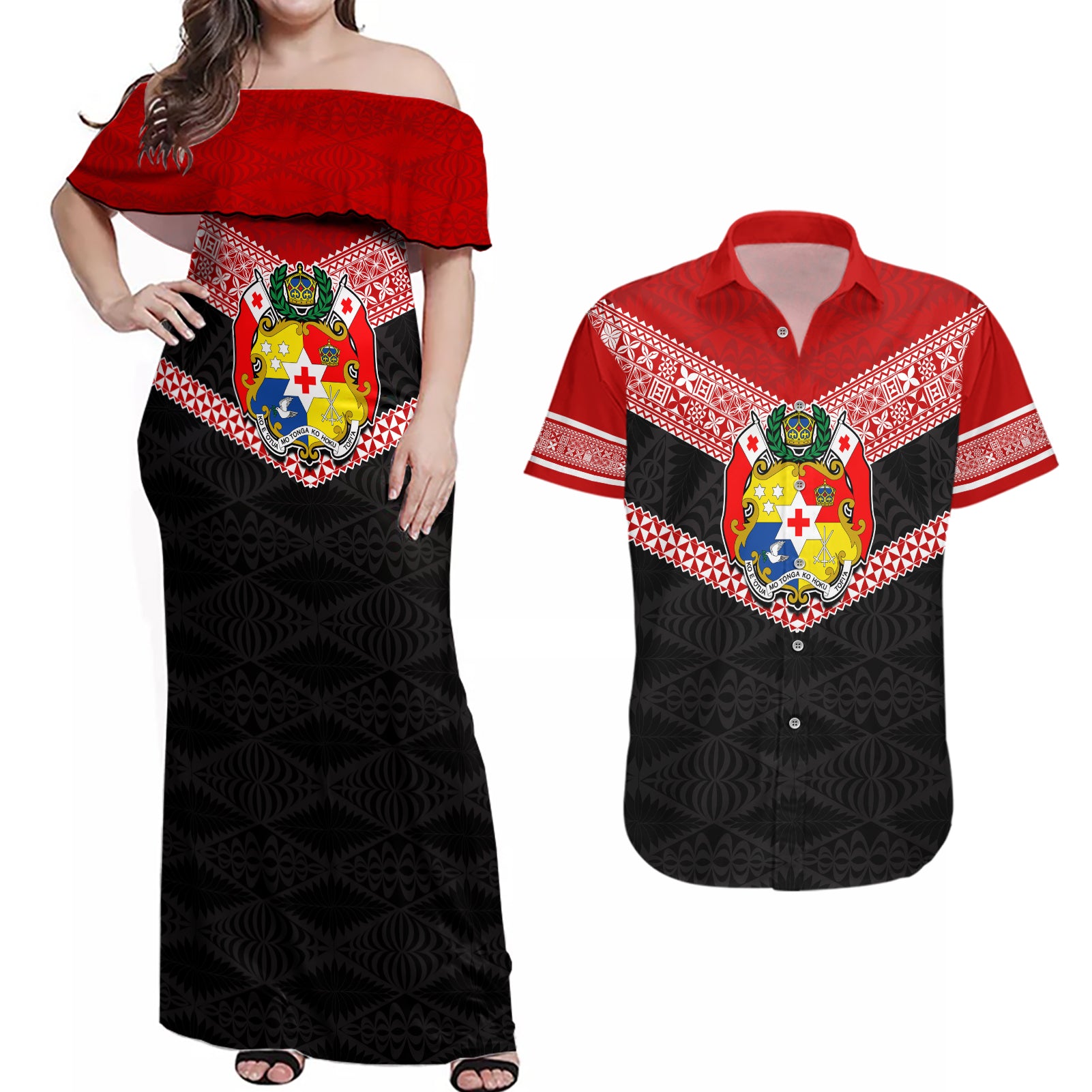 Tonga Couples Matching Off Shoulder Maxi Dress and Hawaiian Shirt Tonga Coat of Arms with Seamless Tapa Ngatu Pattern LT03 Black - Polynesian Pride