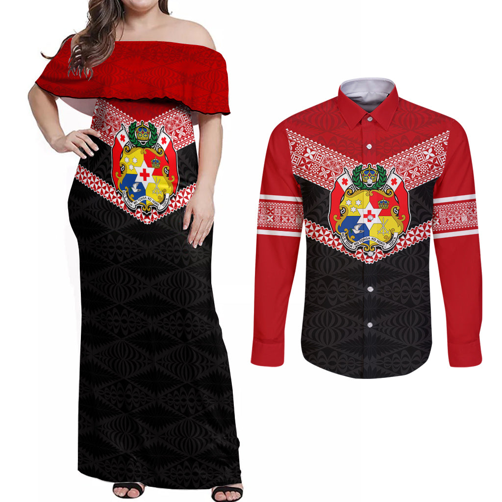 Tonga Couples Matching Off Shoulder Maxi Dress and Long Sleeve Button Shirts Tonga Coat of Arms with Seamless Tapa Ngatu Pattern LT03 Black - Polynesian Pride