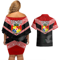 Tonga Couples Matching Off Shoulder Short Dress and Hawaiian Shirt Tonga Coat of Arms with Seamless Tapa Ngatu Pattern LT03 - Polynesian Pride