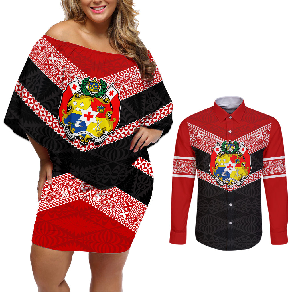 Tonga Couples Matching Off Shoulder Short Dress and Long Sleeve Button Shirts Tonga Coat of Arms with Seamless Tapa Ngatu Pattern LT03 Black - Polynesian Pride