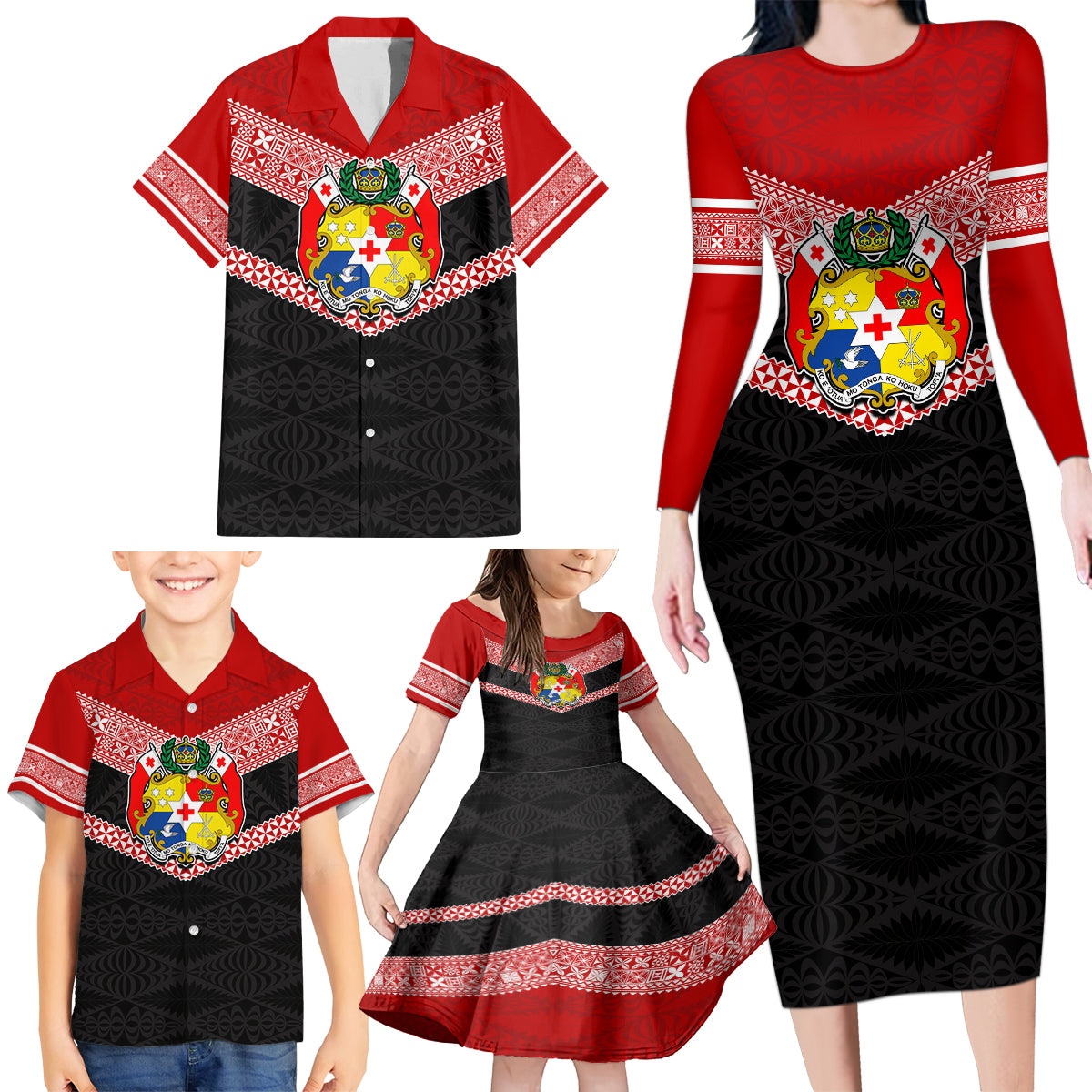 Tonga Family Matching Long Sleeve Bodycon Dress and Hawaiian Shirt Tonga Coat of Arms with Seamless Tapa Ngatu Pattern LT03 - Polynesian Pride