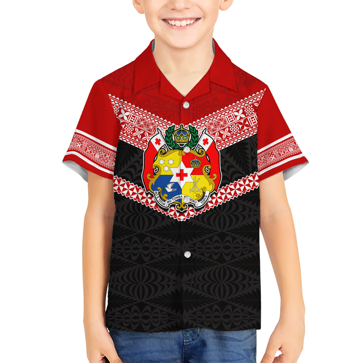 Tonga Family Matching Short Sleeve Bodycon Dress and Hawaiian Shirt Tonga Coat of Arms with Seamless Tapa Ngatu Pattern LT03 Son's Shirt Black - Polynesian Pride