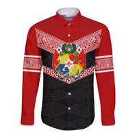 Tonga Long Sleeve Button Shirt Tonga Coat of Arms with Seamless Tapa Ngatu Pattern LT03 Unisex Black - Polynesian Pride