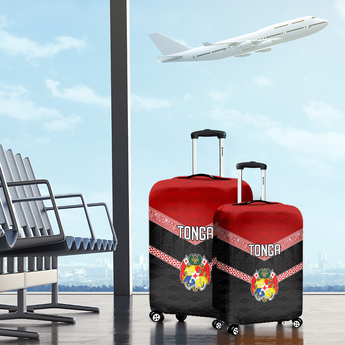 Tonga Luggage Cover Tonga Coat of Arms with Seamless Tapa Ngatu Pattern LT03 - Polynesian Pride