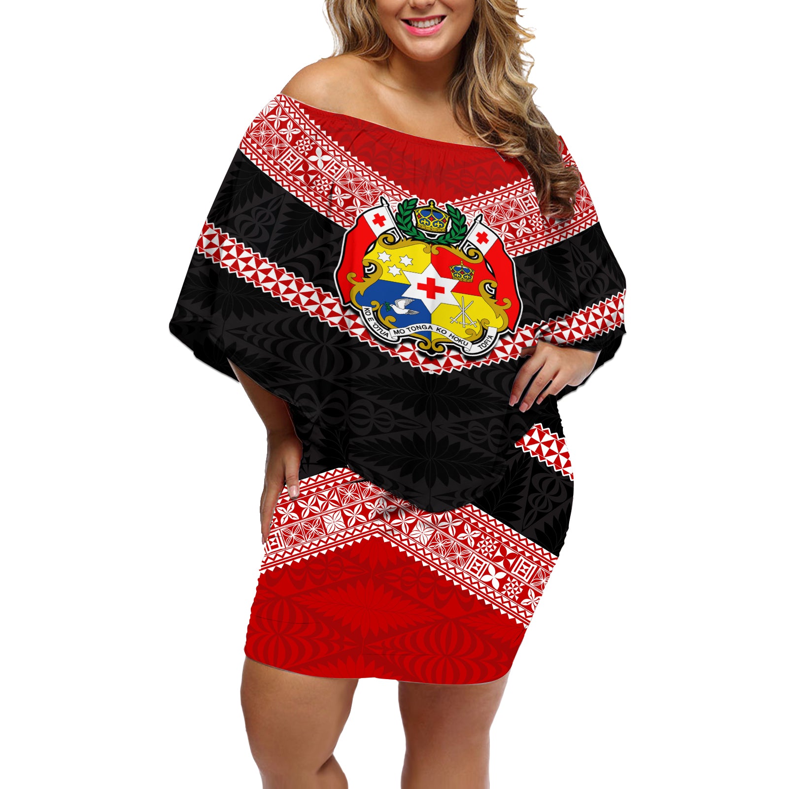 Tonga Off Shoulder Short Dress Tonga Coat of Arms with Seamless Tapa Ngatu Pattern LT03 Women Black - Polynesian Pride