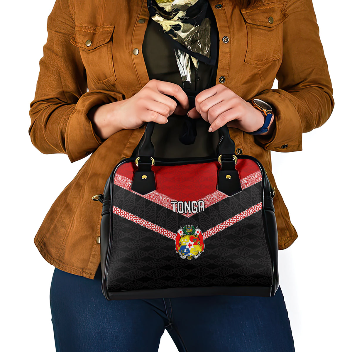 Tonga Shoulder Handbag Tonga Coat of Arms with Seamless Tapa Ngatu Pattern LT03 - Polynesian Pride