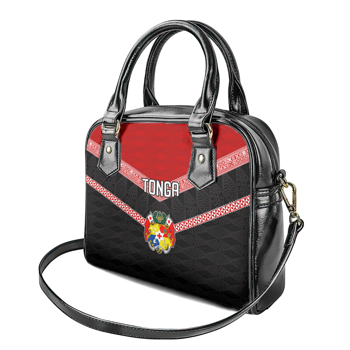 Tonga Shoulder Handbag Tonga Coat of Arms with Seamless Tapa Ngatu Pattern LT03 - Polynesian Pride