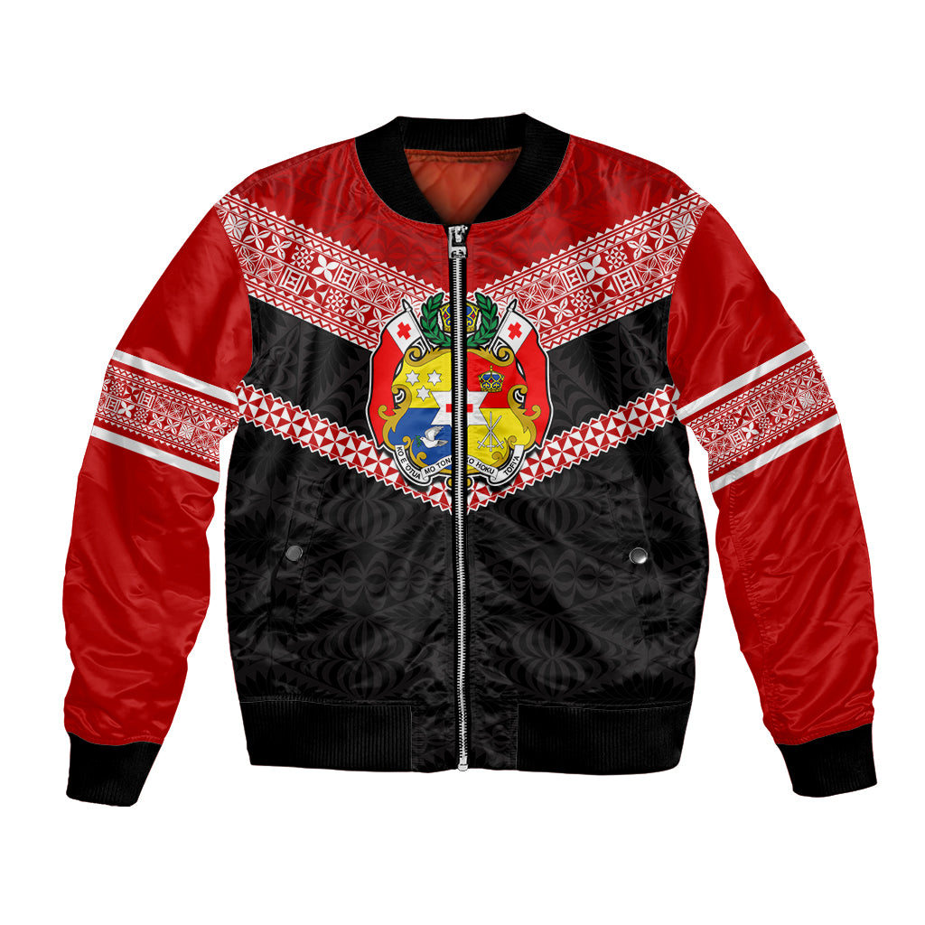 Personalised Tonga Bomber Jacket Tonga Coat of Arms with Seamless Tapa Ngatu Pattern LT03 Unisex Black - Polynesian Pride