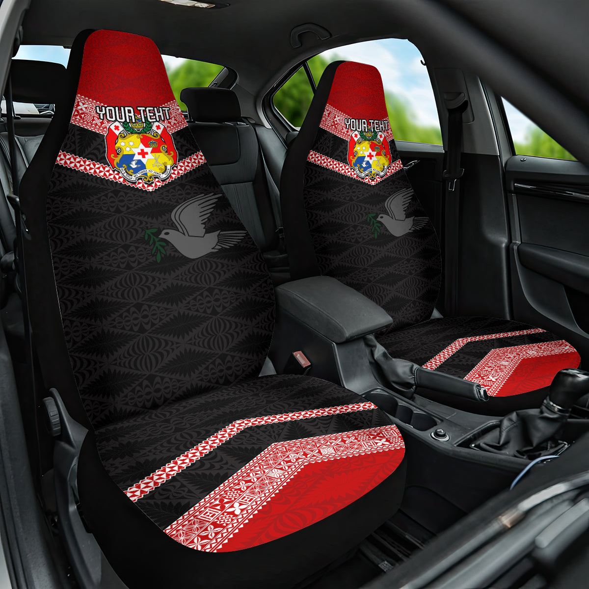 Personalised Tonga Car Seat Cover Tonga Coat of Arms with Seamless Tapa Ngatu Pattern LT03 One Size Black - Polynesian Pride