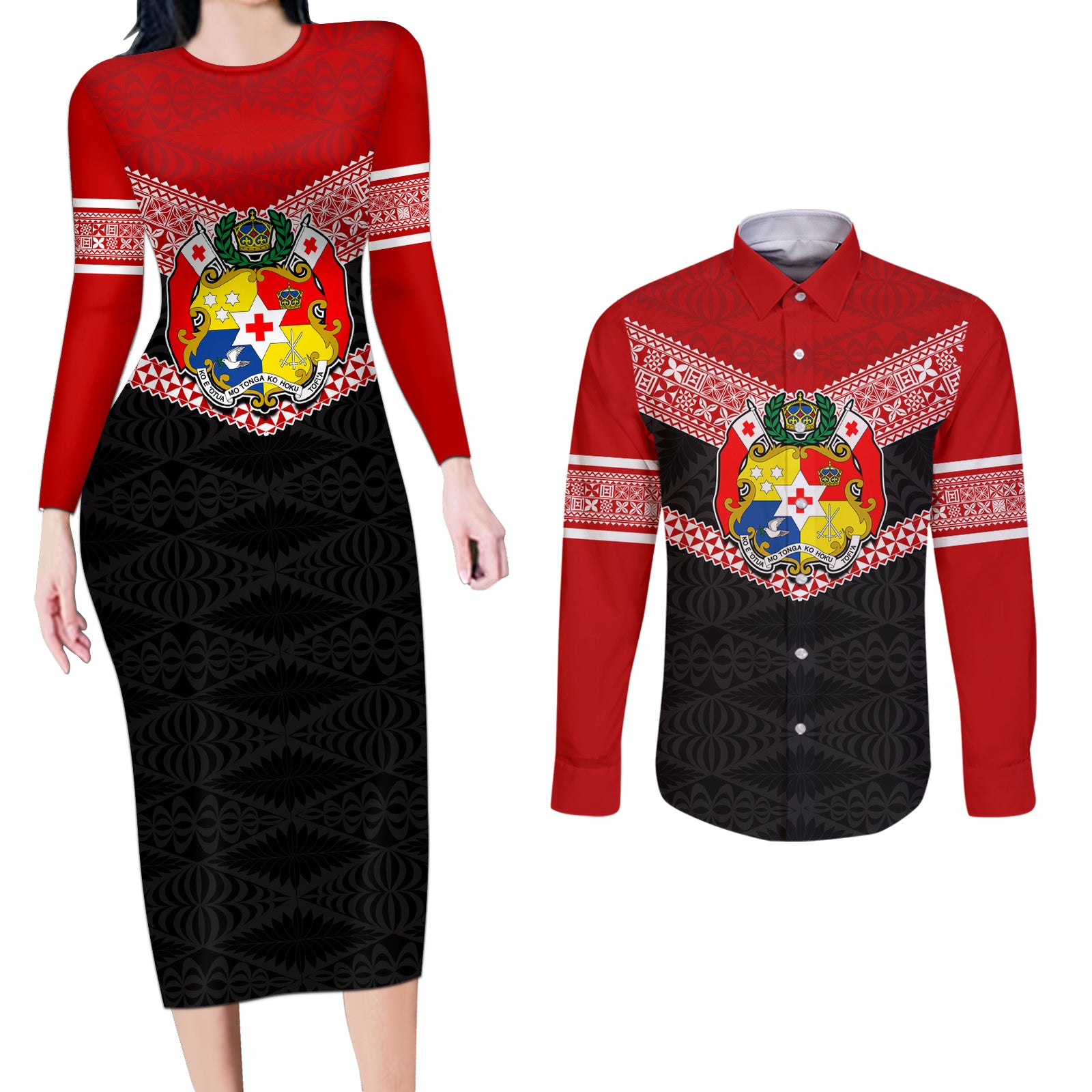 Personalised Tonga Couples Matching Long Sleeve Bodycon Dress and Long Sleeve Button Shirts Tonga Coat of Arms with Seamless Tapa Ngatu Pattern LT03 Black - Polynesian Pride