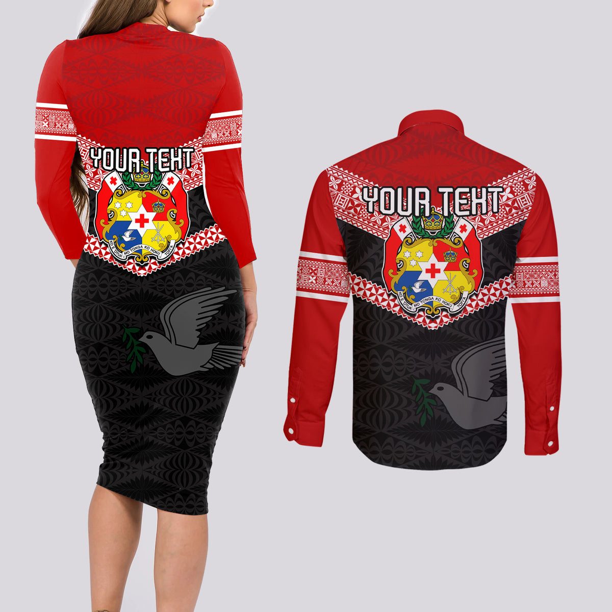 Personalised Tonga Couples Matching Long Sleeve Bodycon Dress and Long Sleeve Button Shirts Tonga Coat of Arms with Seamless Tapa Ngatu Pattern LT03 - Polynesian Pride