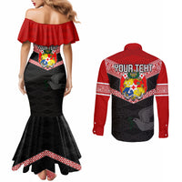 Personalised Tonga Couples Matching Mermaid Dress and Long Sleeve Button Shirts Tonga Coat of Arms with Seamless Tapa Ngatu Pattern LT03 - Polynesian Pride