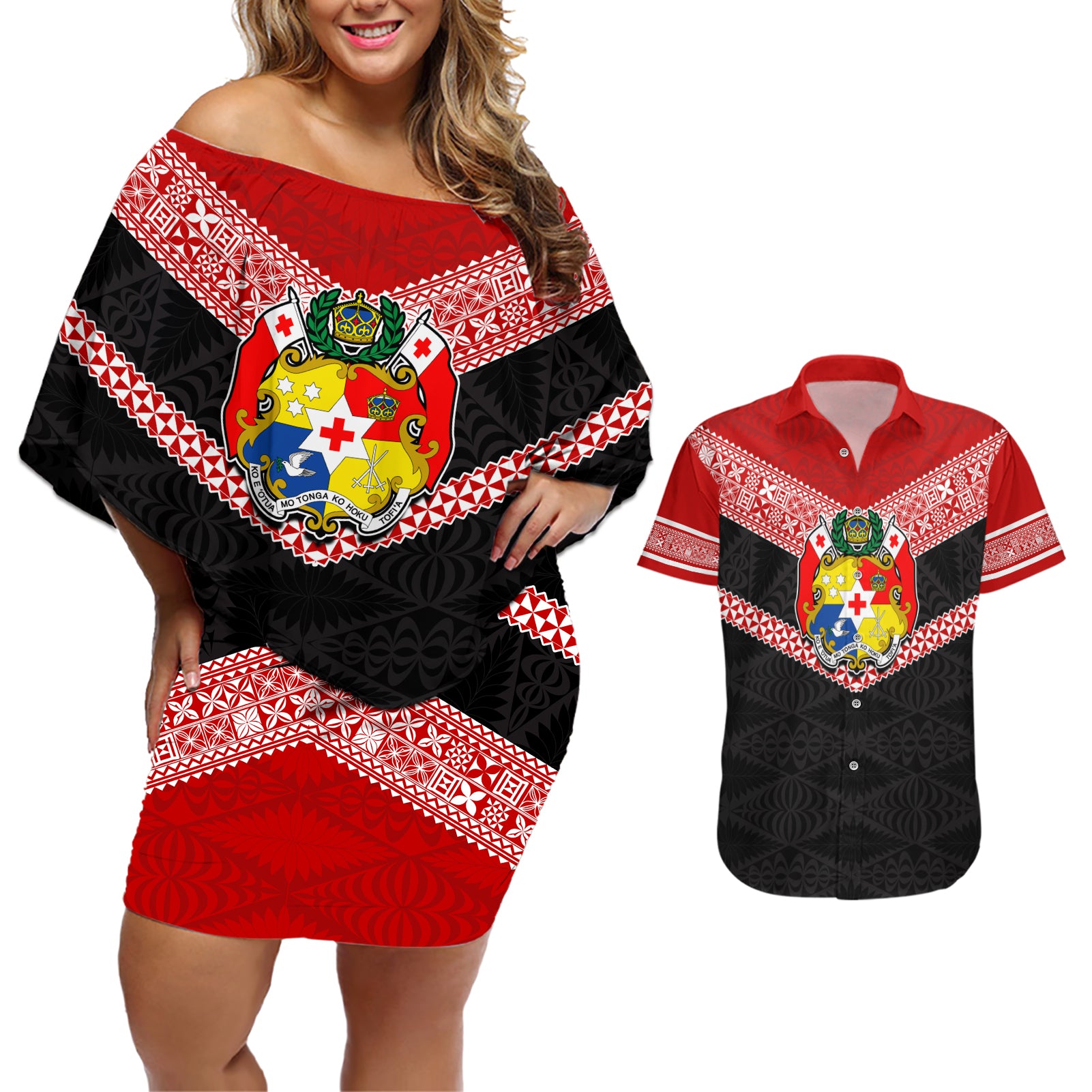 Personalised Tonga Couples Matching Off Shoulder Short Dress and Hawaiian Shirt Tonga Coat of Arms with Seamless Tapa Ngatu Pattern LT03 Black - Polynesian Pride