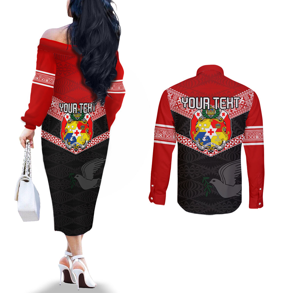 Personalised Tonga Couples Matching Off The Shoulder Long Sleeve Dress and Long Sleeve Button Shirts Tonga Coat of Arms with Seamless Tapa Ngatu Pattern LT03 - Polynesian Pride