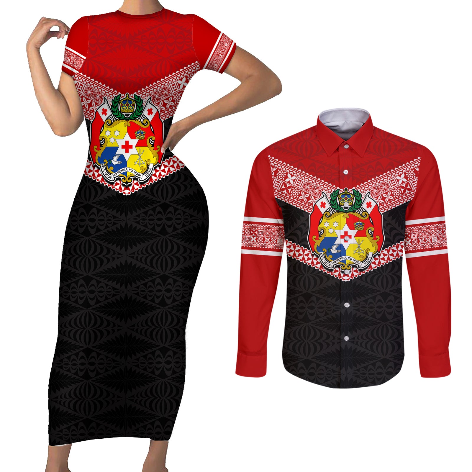 Personalised Tonga Couples Matching Short Sleeve Bodycon Dress and Long Sleeve Button Shirts Tonga Coat of Arms with Seamless Tapa Ngatu Pattern LT03 Black - Polynesian Pride