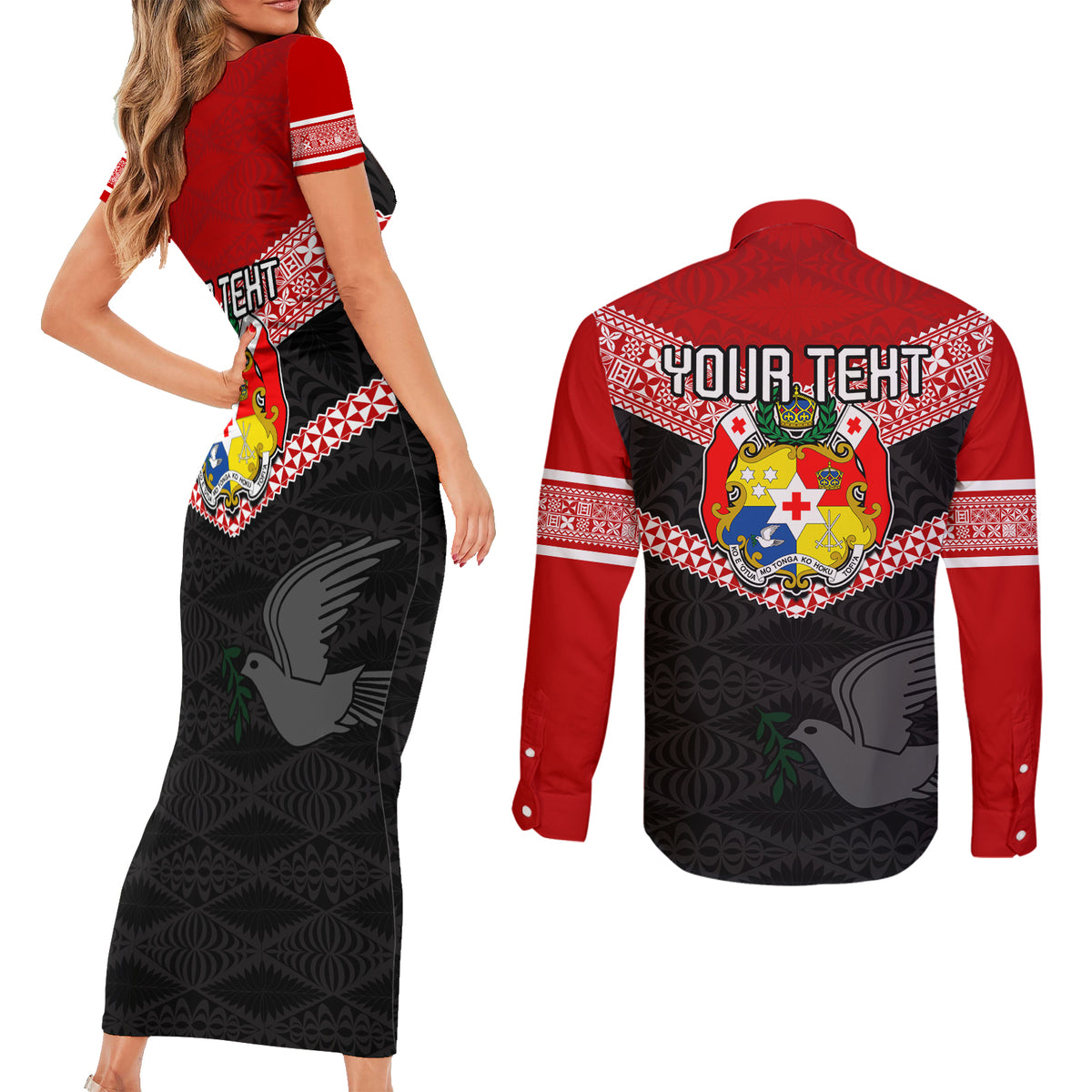 Personalised Tonga Couples Matching Short Sleeve Bodycon Dress and Long Sleeve Button Shirts Tonga Coat of Arms with Seamless Tapa Ngatu Pattern LT03 - Polynesian Pride