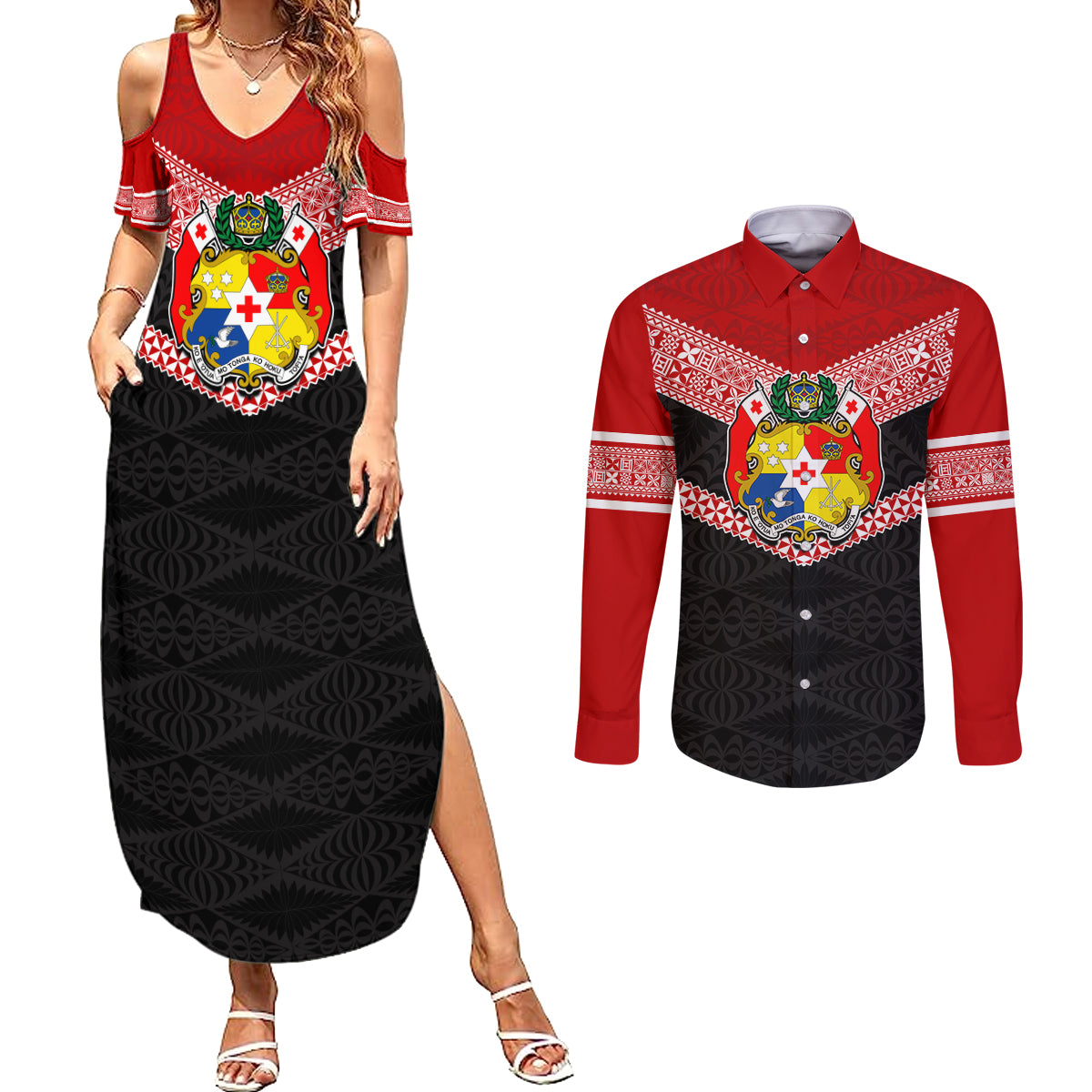 Personalised Tonga Couples Matching Summer Maxi Dress and Long Sleeve Button Shirts Tonga Coat of Arms with Seamless Tapa Ngatu Pattern LT03 Black - Polynesian Pride