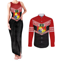 Personalised Tonga Couples Matching Tank Maxi Dress and Long Sleeve Button Shirts Tonga Coat of Arms with Seamless Tapa Ngatu Pattern LT03 Black - Polynesian Pride