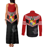 Personalised Tonga Couples Matching Tank Maxi Dress and Long Sleeve Button Shirts Tonga Coat of Arms with Seamless Tapa Ngatu Pattern LT03 - Polynesian Pride