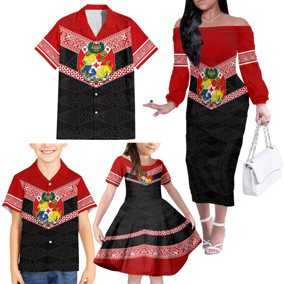 Personalised Tonga Family Matching Off Shoulder Long Sleeve Dress and Hawaiian Shirt Tonga Coat of Arms with Seamless Tapa Ngatu Pattern LT03 - Polynesian Pride