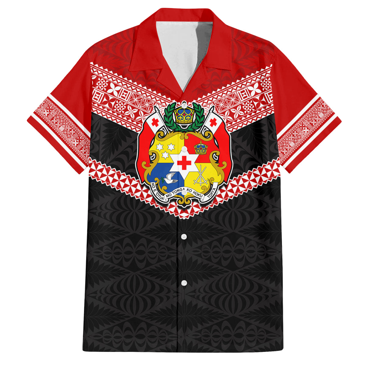 Personalised Tonga Family Matching Summer Maxi Dress and Hawaiian Shirt Tonga Coat of Arms with Seamless Tapa Ngatu Pattern LT03 Dad's Shirt - Short Sleeve Black - Polynesian Pride