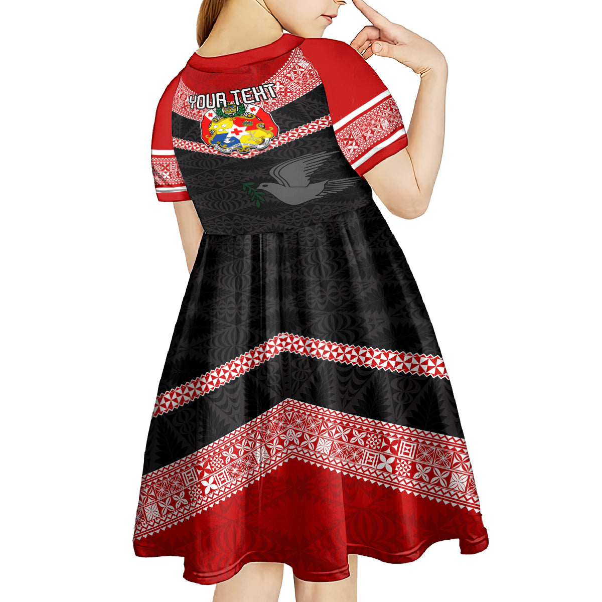 Personalised Tonga Kid Short Sleeve Dress Tonga Coat of Arms with Seamless Tapa Ngatu Pattern LT03 - Polynesian Pride