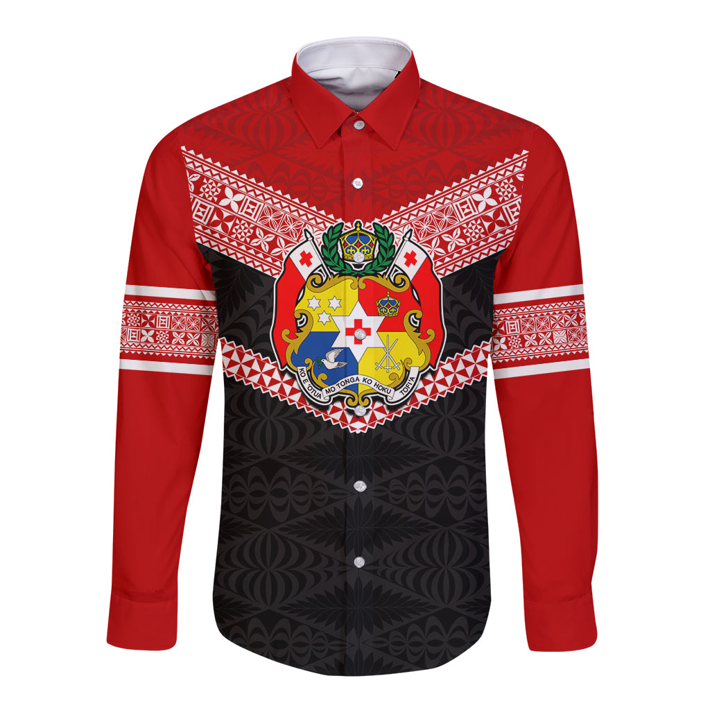 Personalised Tonga Long Sleeve Button Shirt Tonga Coat of Arms with Seamless Tapa Ngatu Pattern LT03 Unisex Black - Polynesian Pride