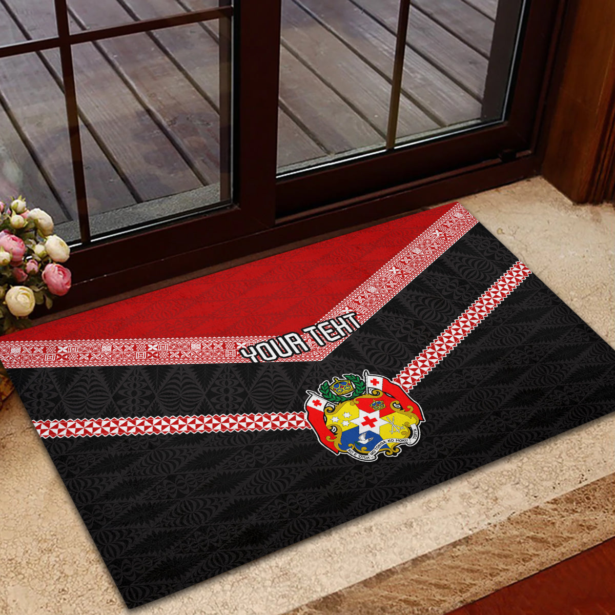 Personalised Tonga Rubber Doormat Tonga Coat of Arms with Seamless Tapa Ngatu Pattern LT03 - Polynesian Pride