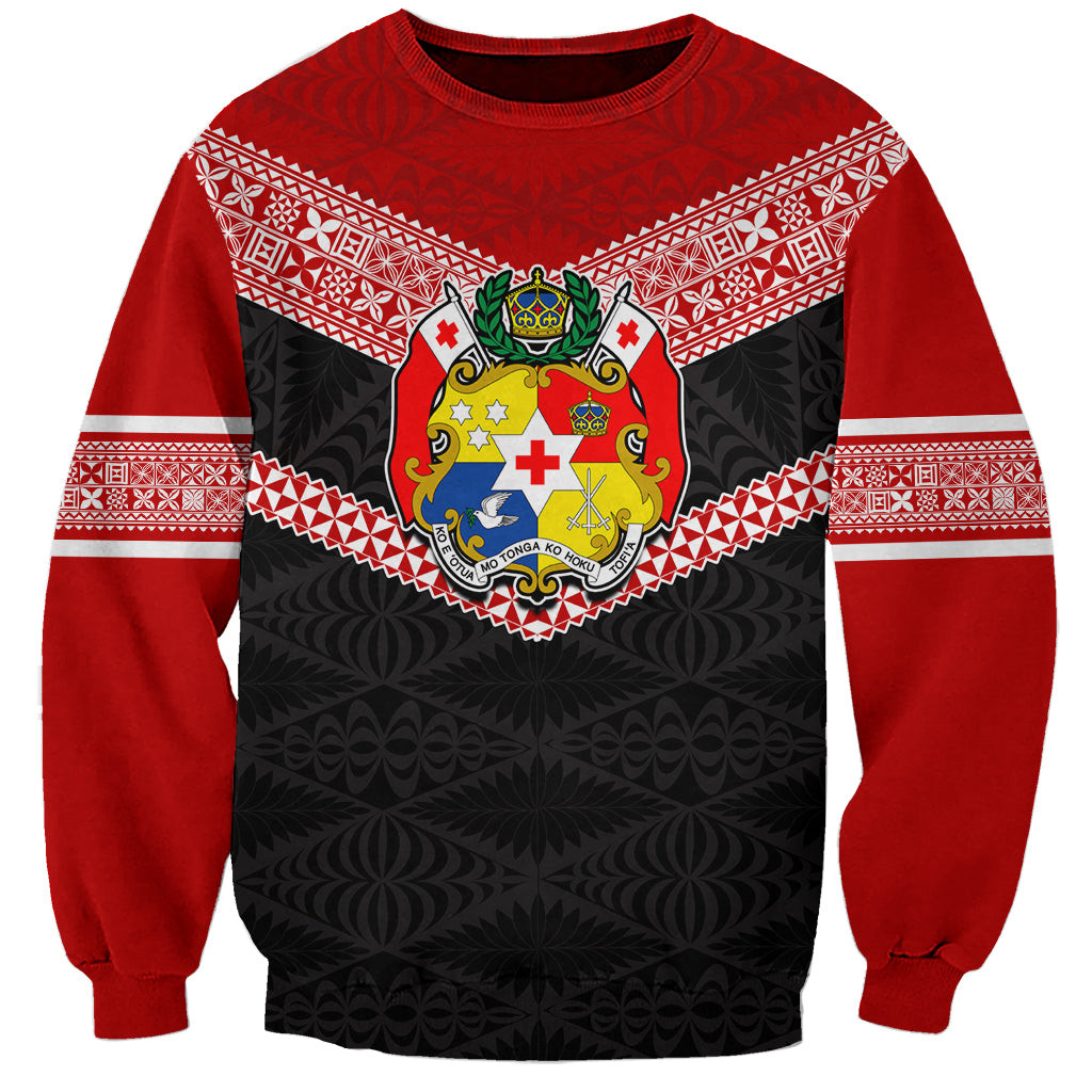 Personalised Tonga Sweatshirt Tonga Coat of Arms with Seamless Tapa Ngatu Pattern LT03 Unisex Black - Polynesian Pride