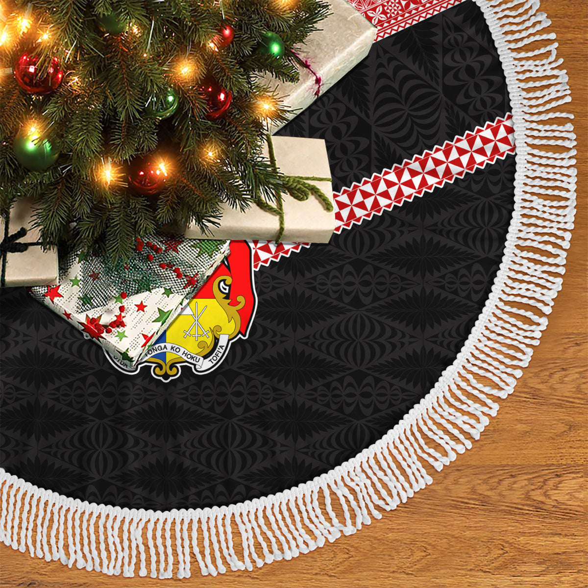 Personalised Tonga Tree Skirt Tonga Coat of Arms with Seamless Tapa Ngatu Pattern LT03 - Polynesian Pride